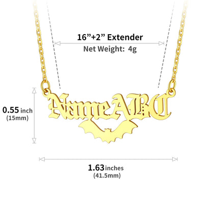 Gold custom name necklace with 'Name ABC' pendant and measurement details on a white background