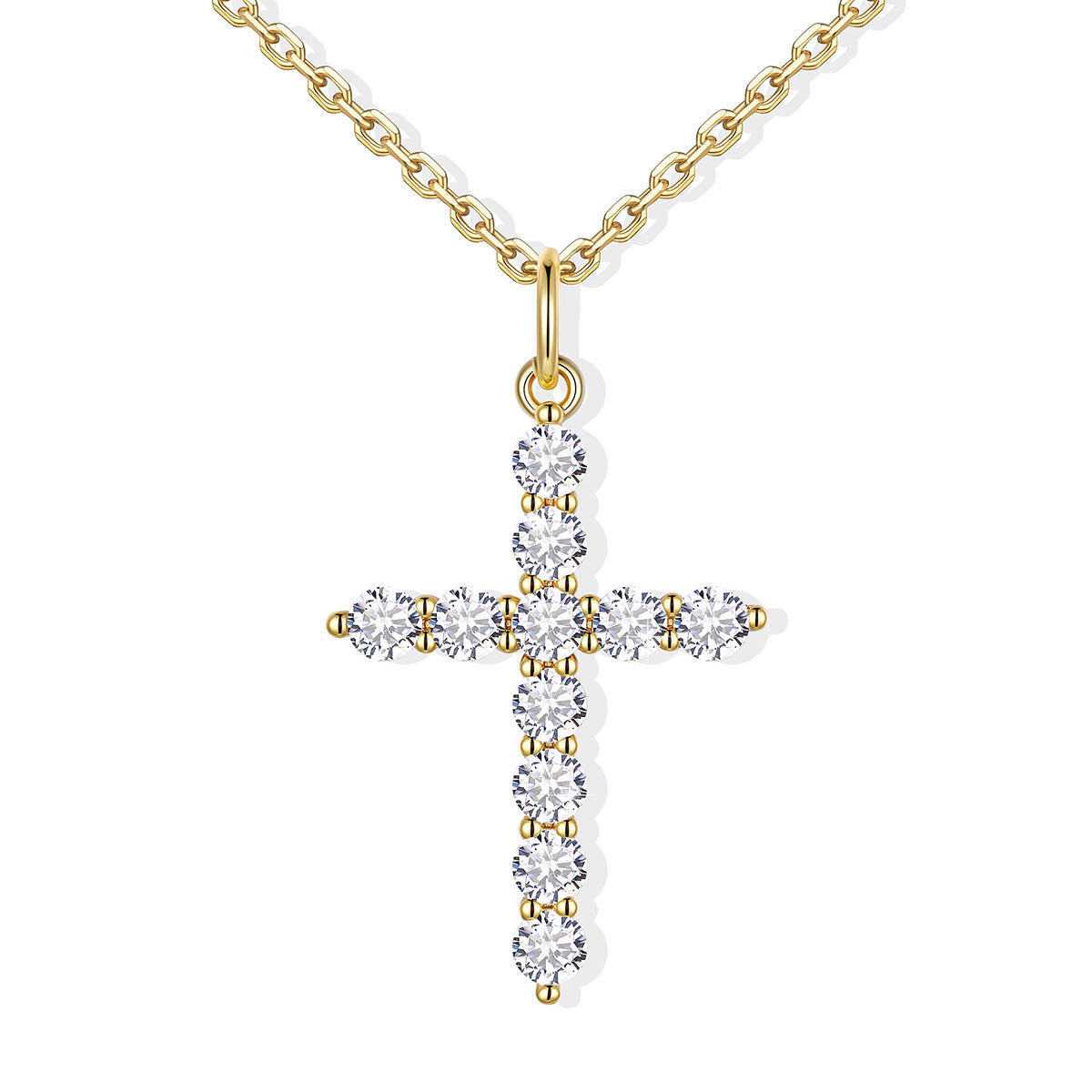 Gold cz cross necklace with clear gemstones on a white background