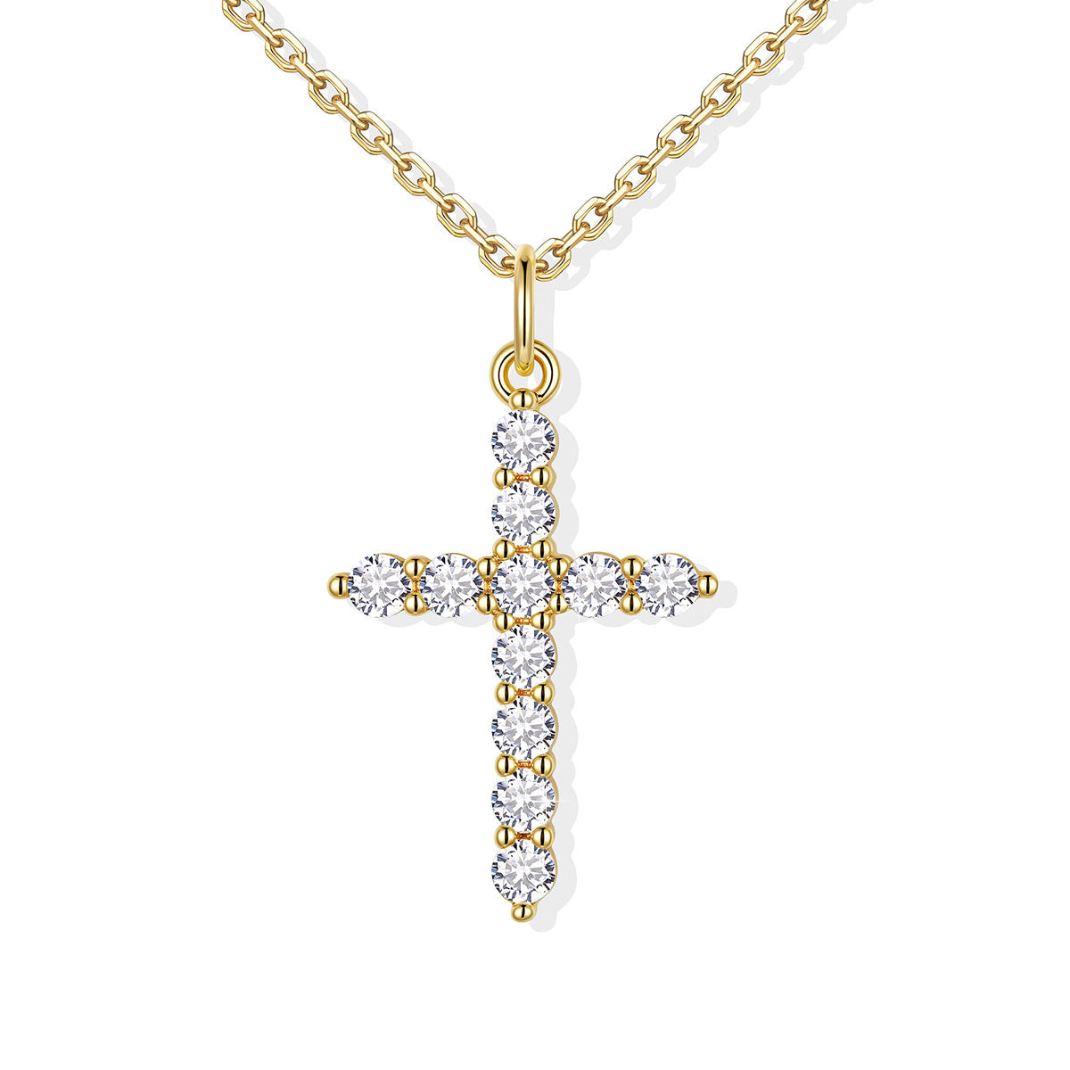 Gold cz cross pendant necklace with diamonds on a white background
