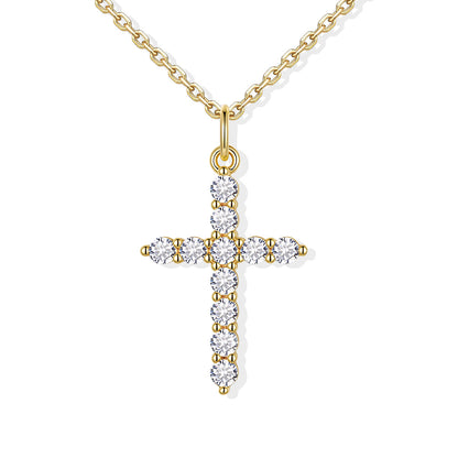 Gold cz cross pendant necklace with diamonds on a white background