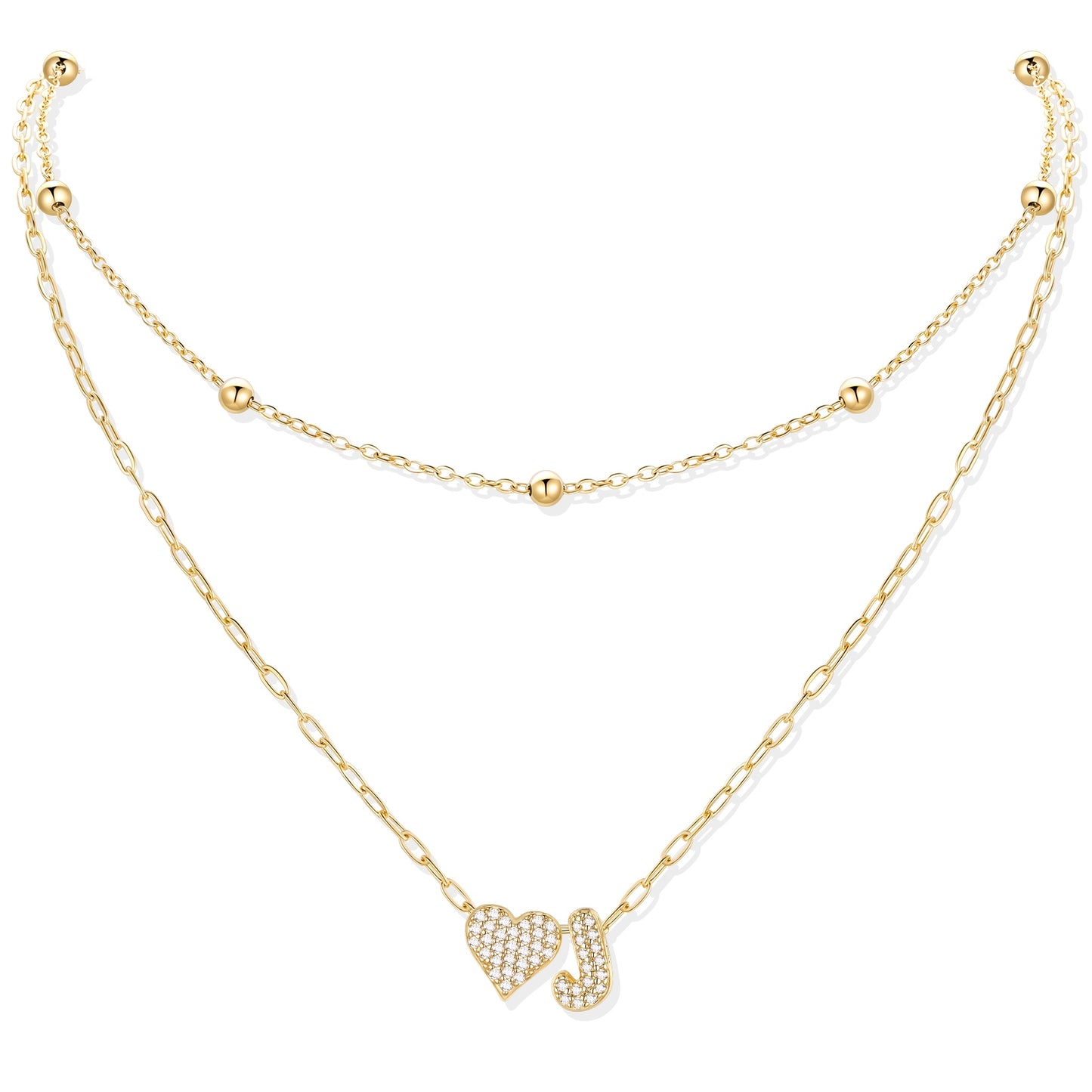 Gold cz initial J necklace with a heart-shaped pendant on a white background