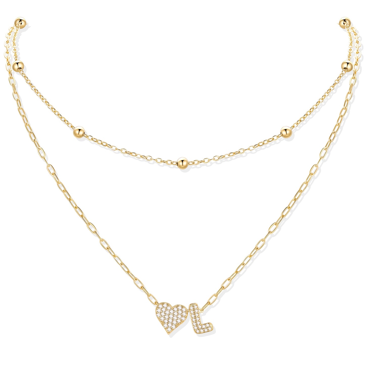 Gold cz initial L necklace with a heart-shaped pendant on a white background