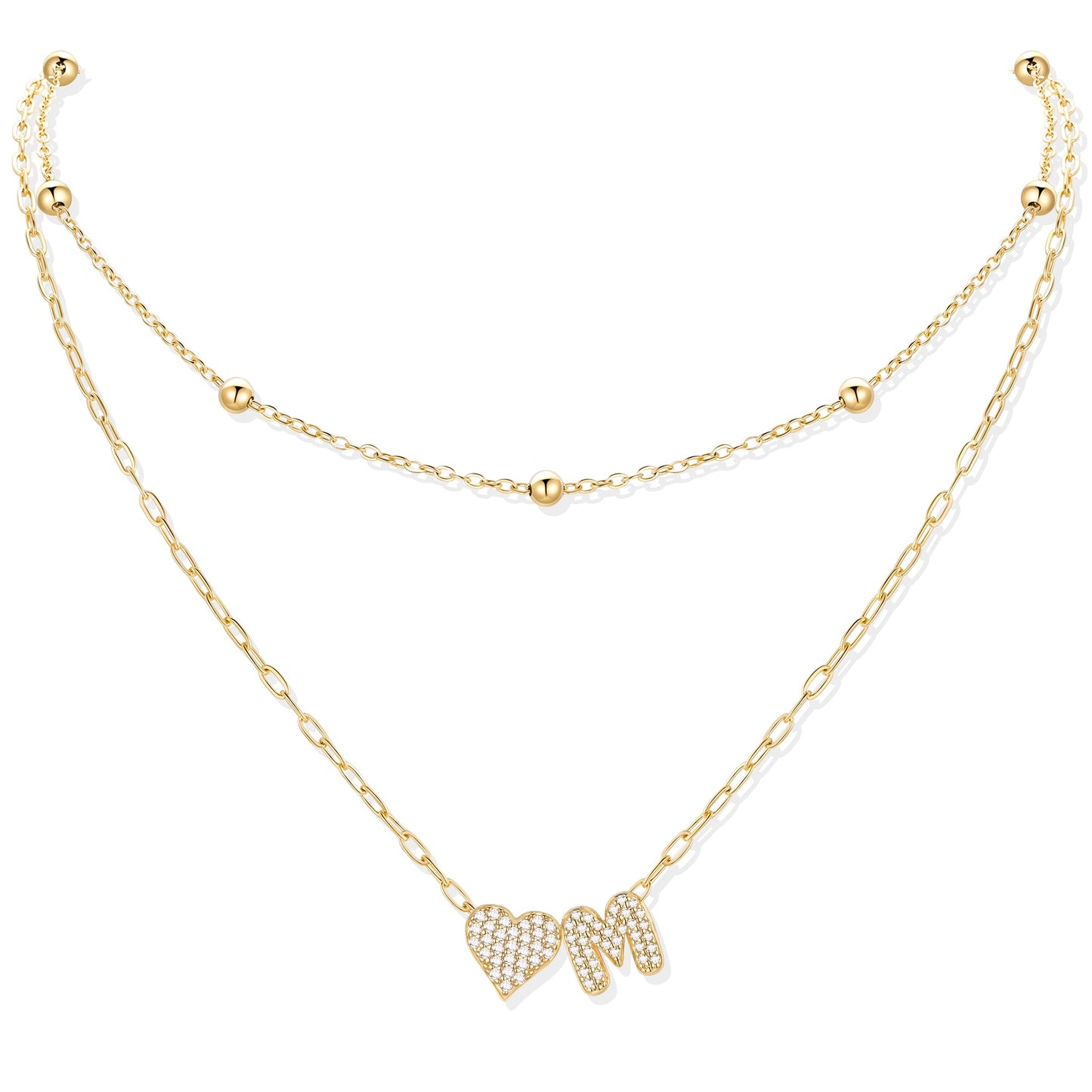 Gold cz initial M necklace with a heart-shaped pendant on a white background