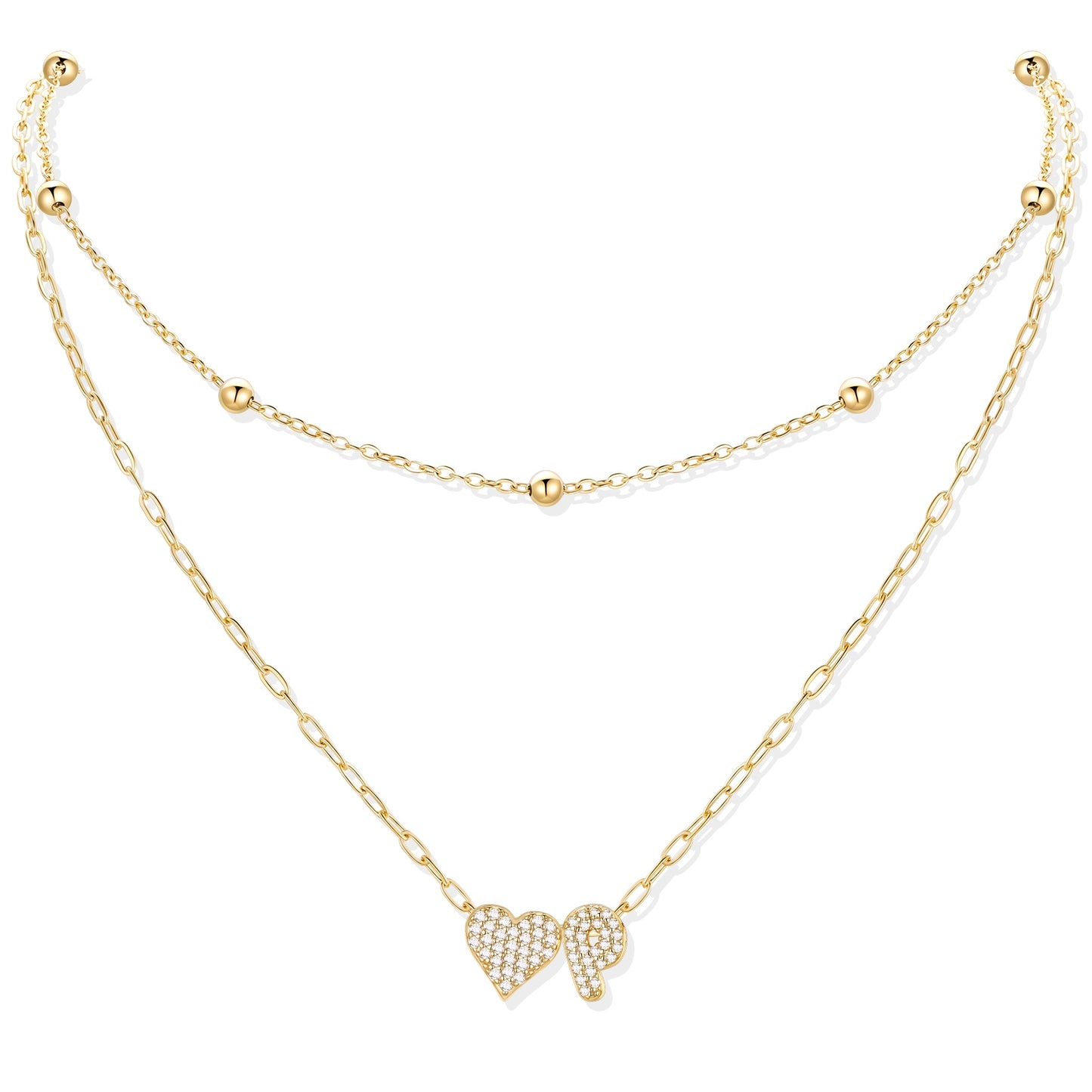 Gold cz initial P necklace with a heart-shaped pendant on a white background