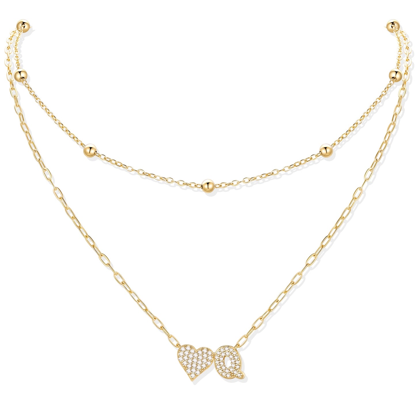 Gold cz initial Q necklace with a heart-shaped pendant on a white background