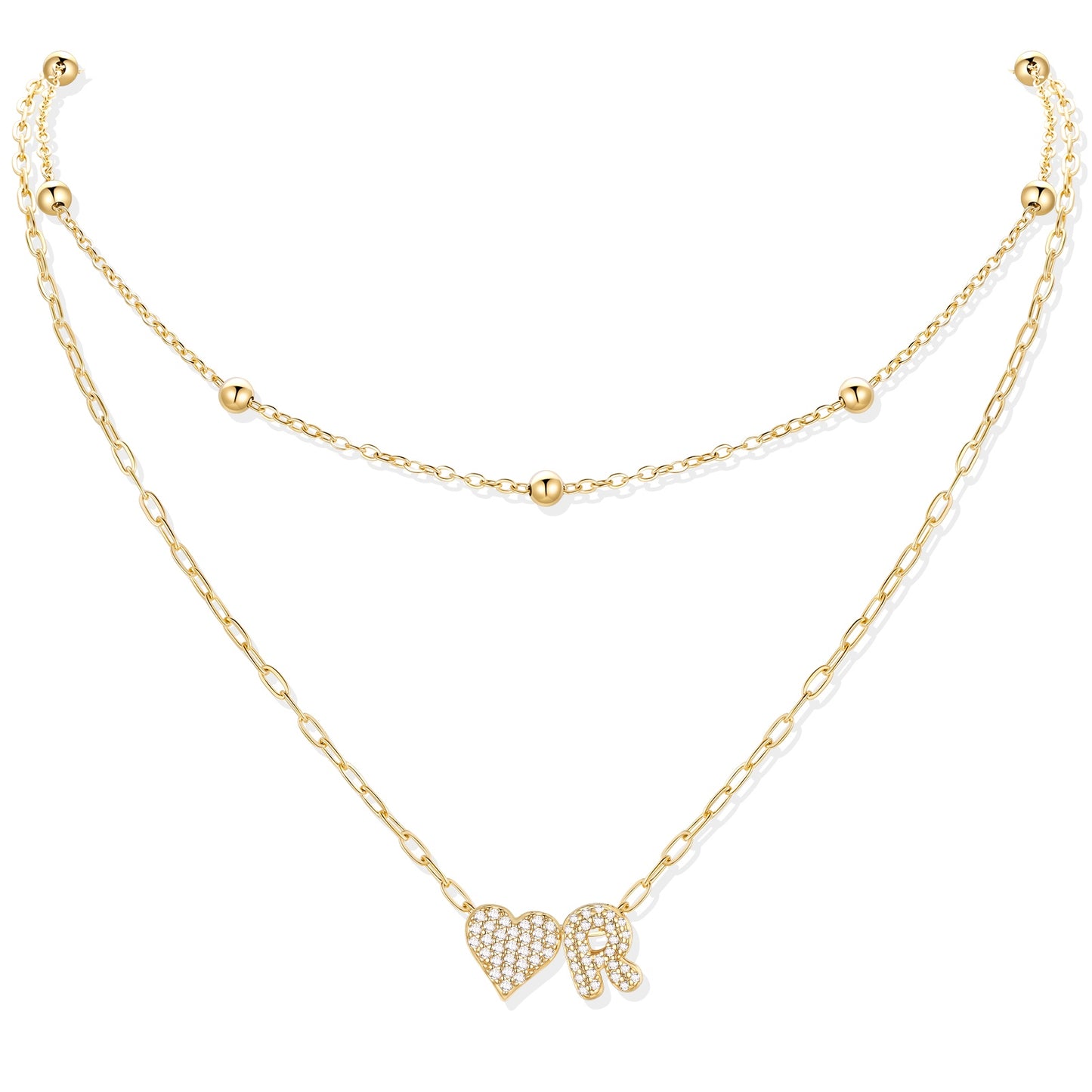 Gold cz initial R necklace with a heart-shaped pendant on a white background