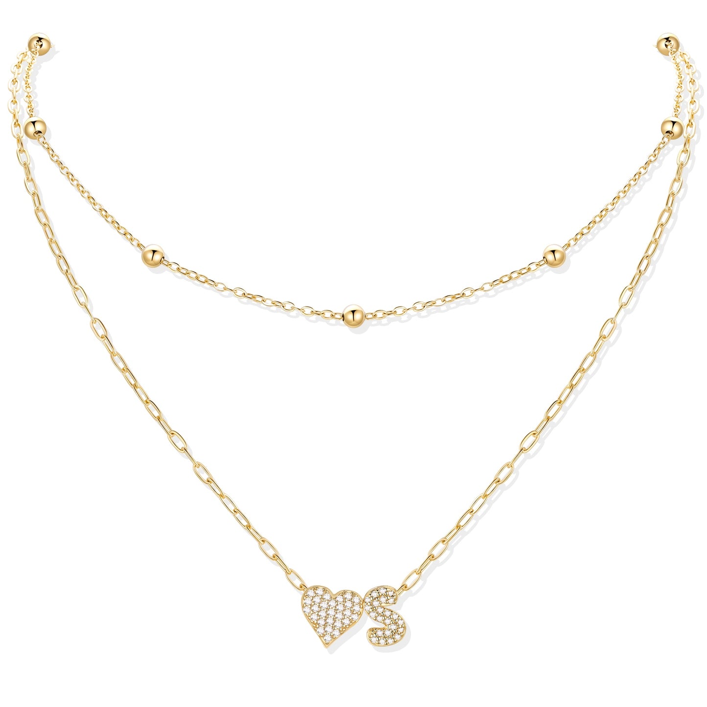 Gold cz initial S necklace with a heart-shaped pendant on a white background