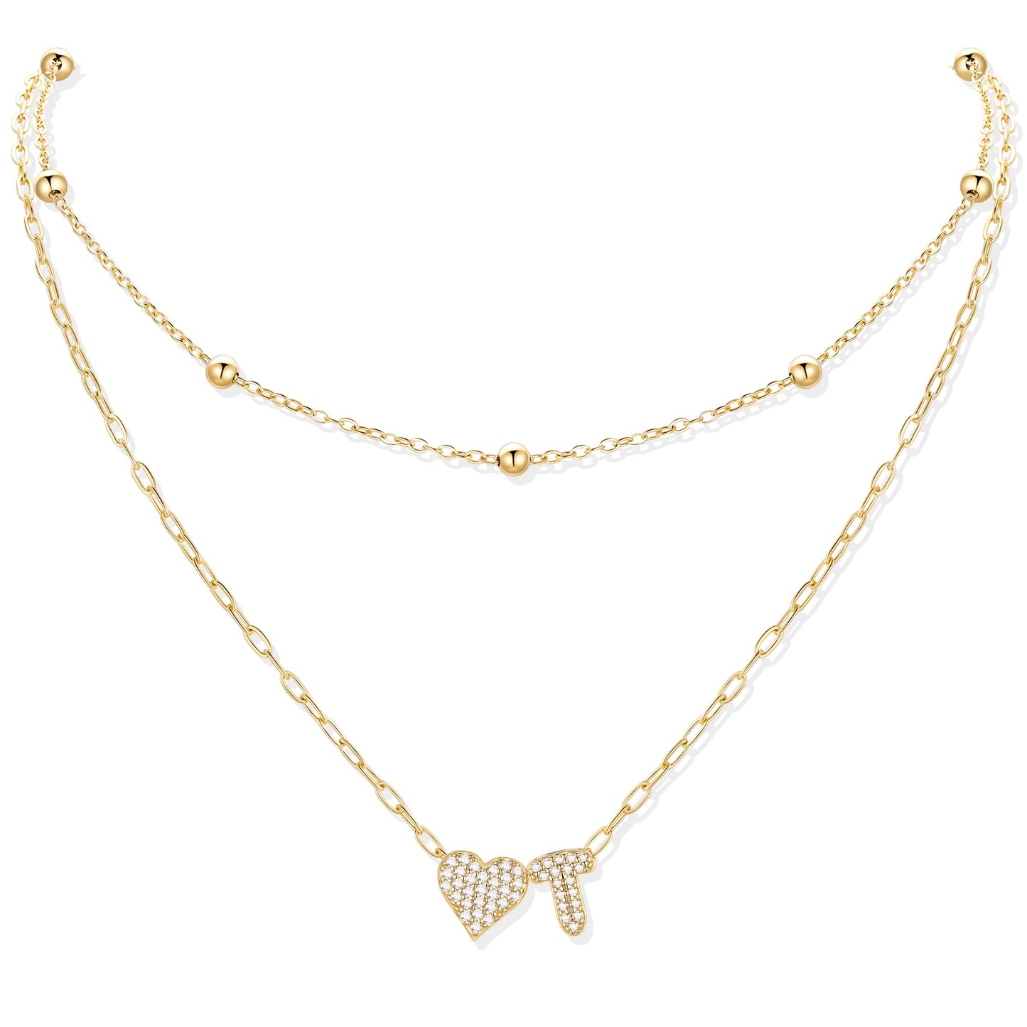 Gold cz initial T necklace with a heart-shaped pendant on a white background