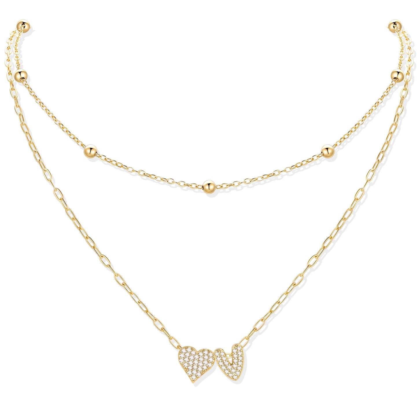 Gold cz initial V necklace with a heart-shaped pendant on a white background