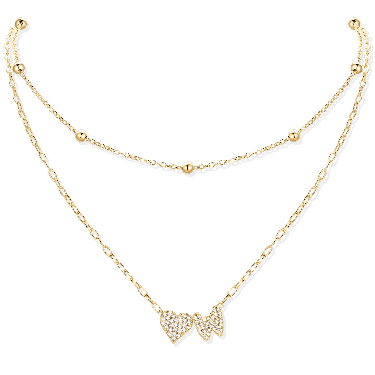 Gold cz initial W necklace with a heart-shaped pendant on a white background