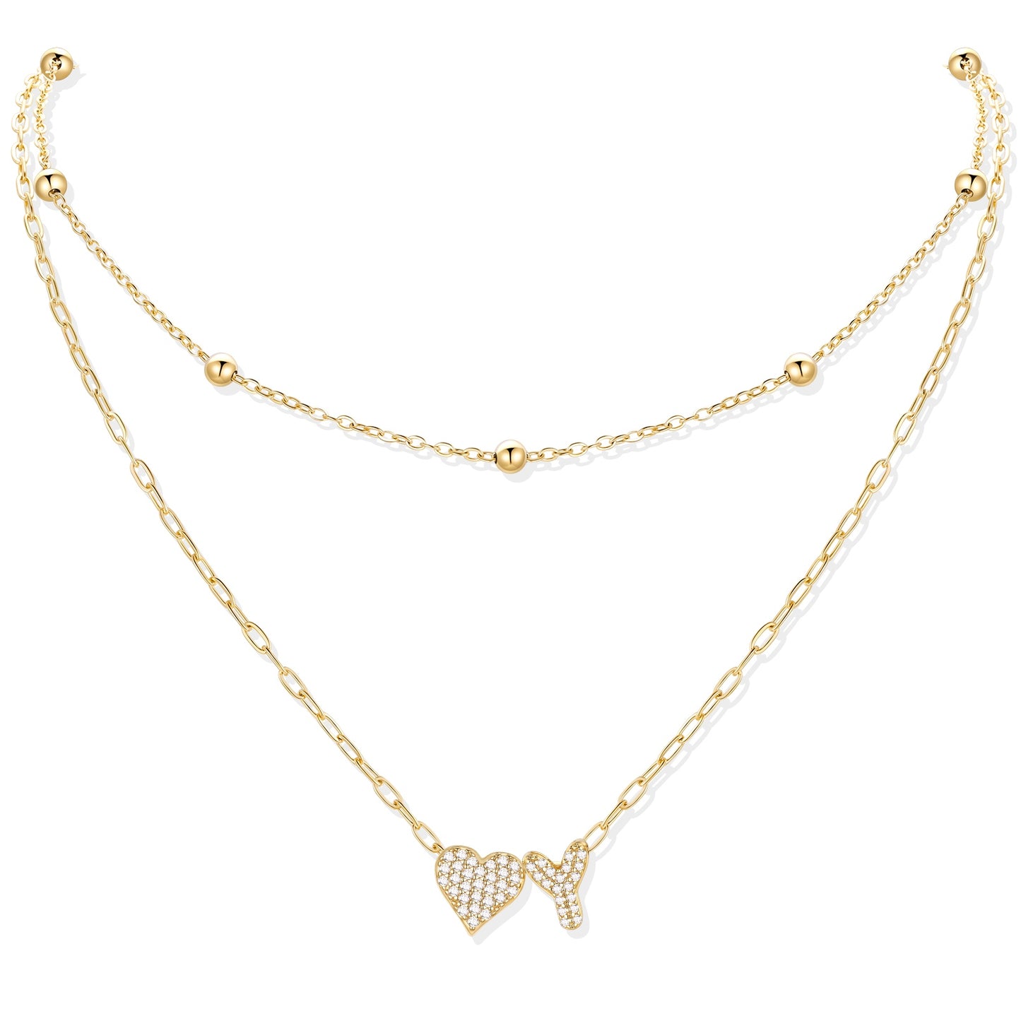 Gold cz initial Y necklace with a heart-shaped pendant on a white background