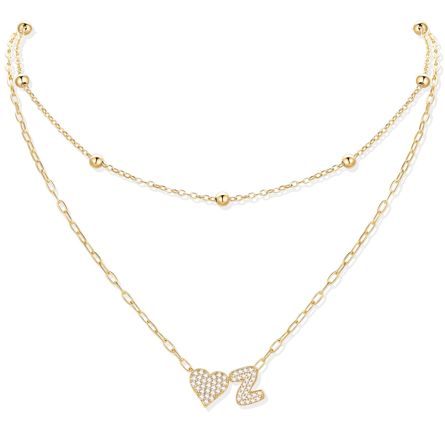 Gold cz initial Z necklace with a heart-shaped pendant on a white background