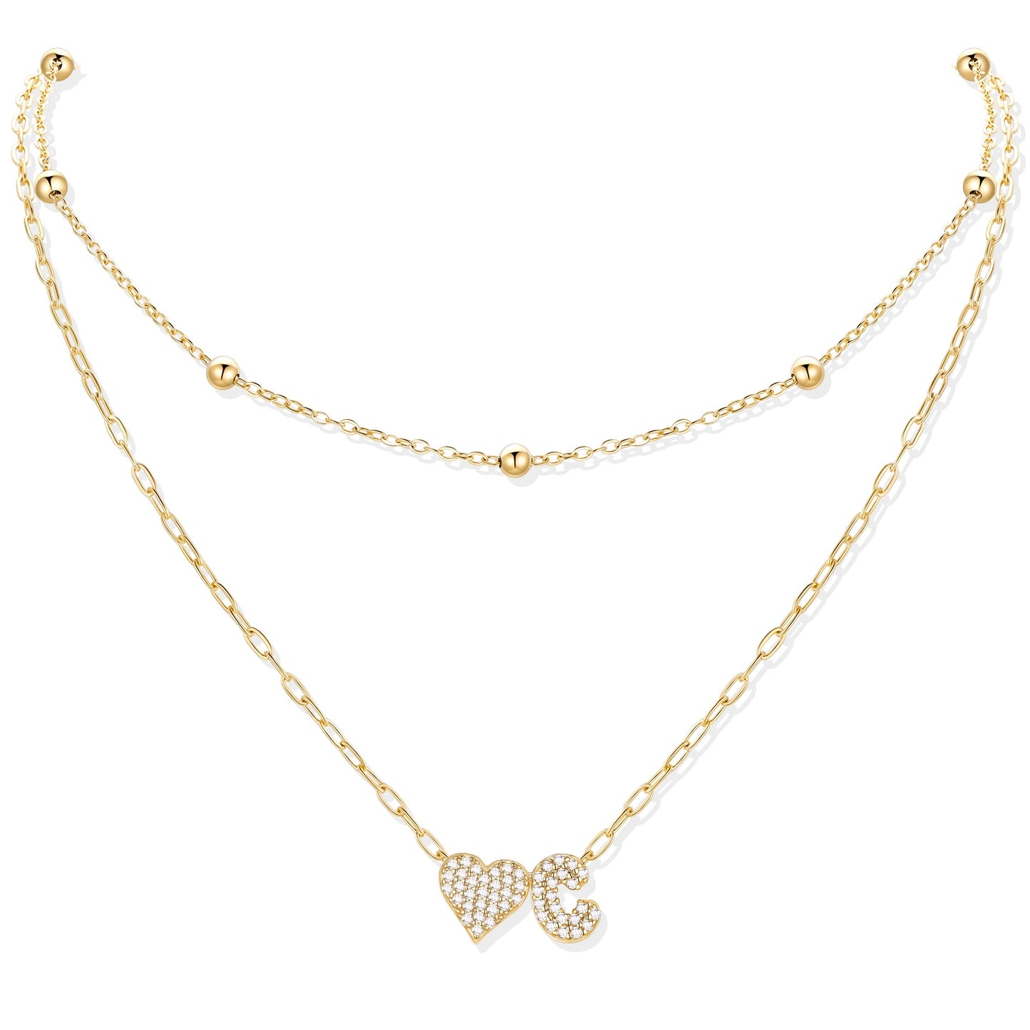 Gold cz initial c necklace with a heart-shaped pendant on a white background