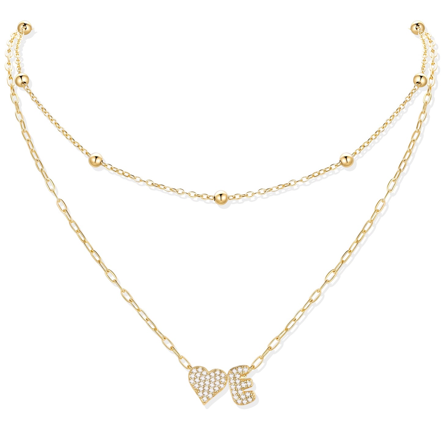 Gold cz initial e necklace with a heart-shaped pendant on a white background