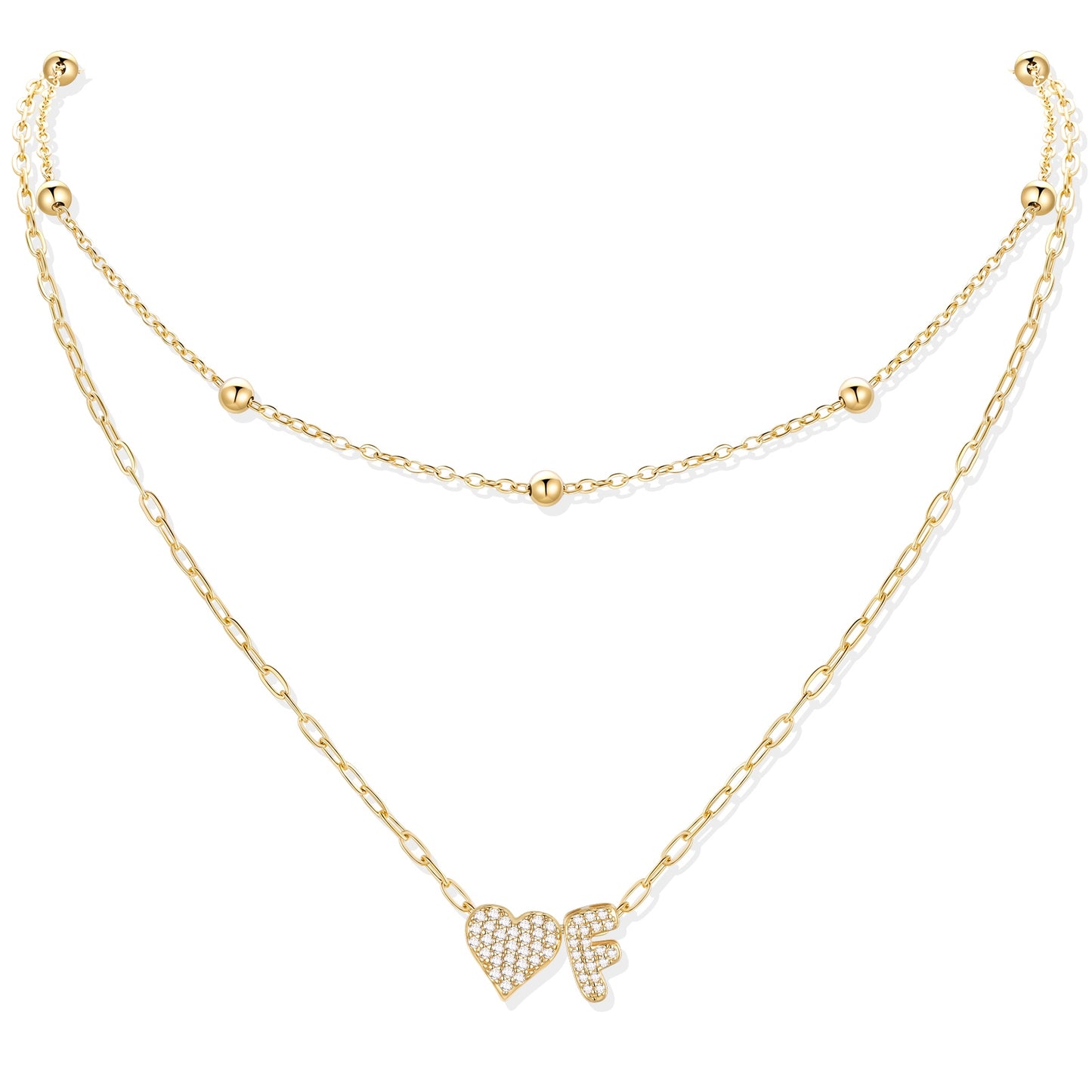 Gold cz initial f necklace with a heart-shaped pendant on a white background