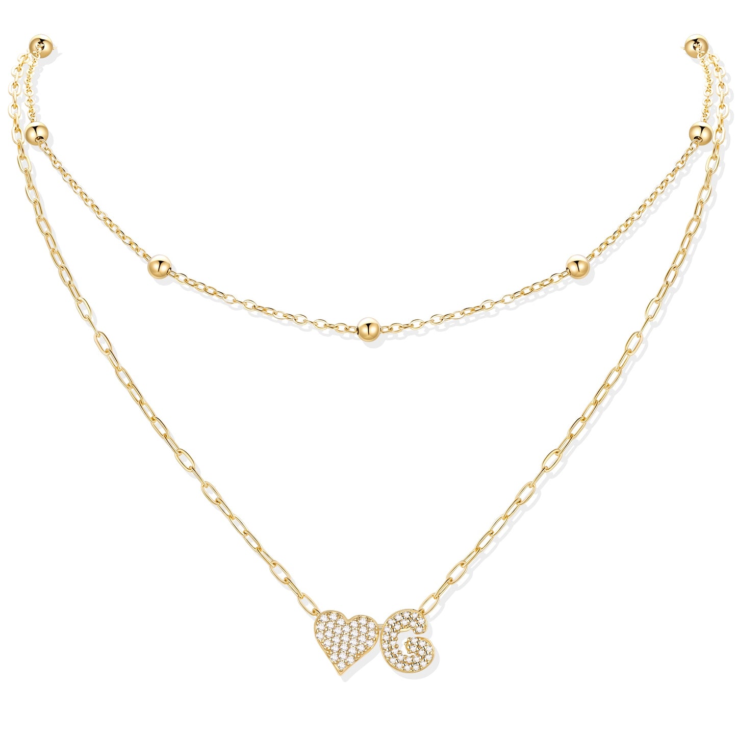 Gold cz initial g necklace with a heart-shaped pendant on a white background