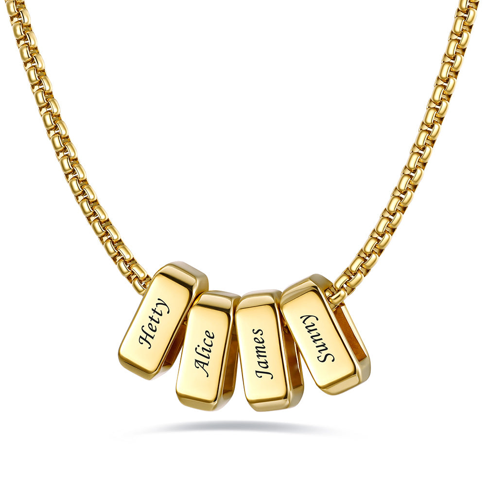 Gold engraved name necklace with 4 name bars on a white background