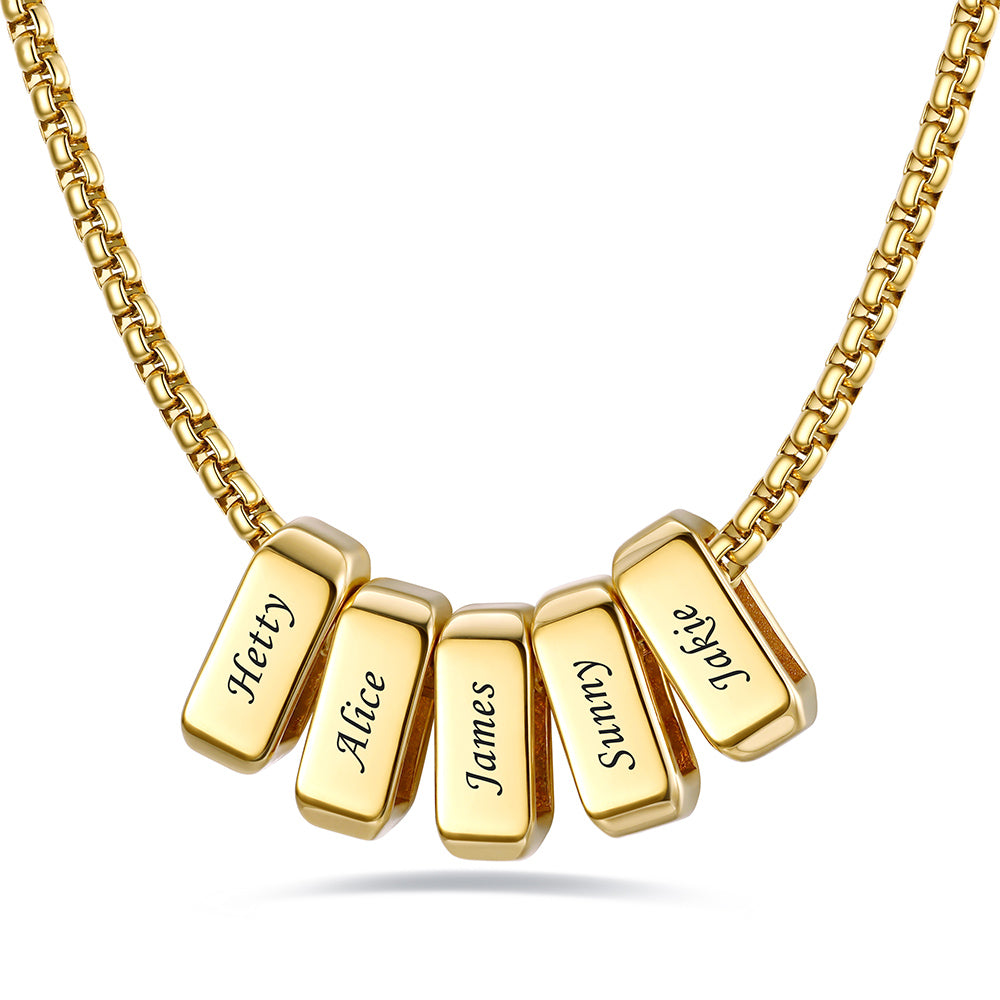 Gold engraved name necklace with 5 name bars on a white background