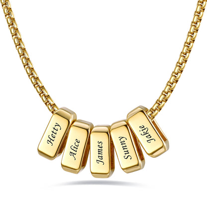 Gold engraved name necklace with 5 name bars on a white background