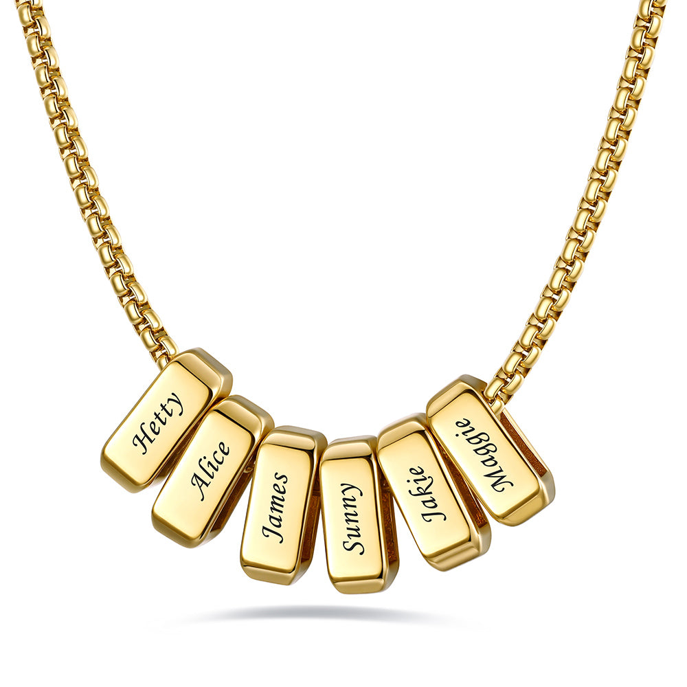 Gold engraved name necklace with 6 name bars on a white background