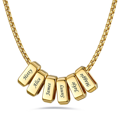 Gold engraved name necklace with 6 name bars on a white background