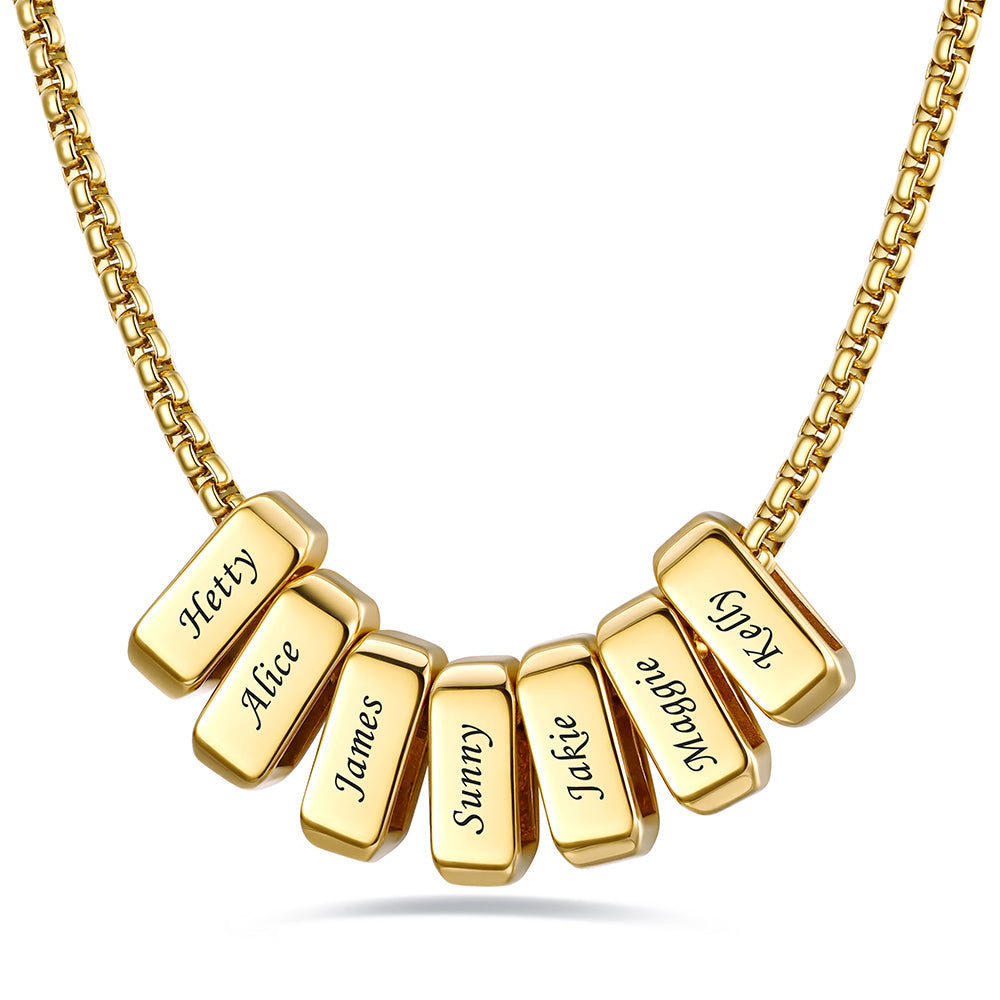 Gold engraved name necklace with 7 name bars on a white background