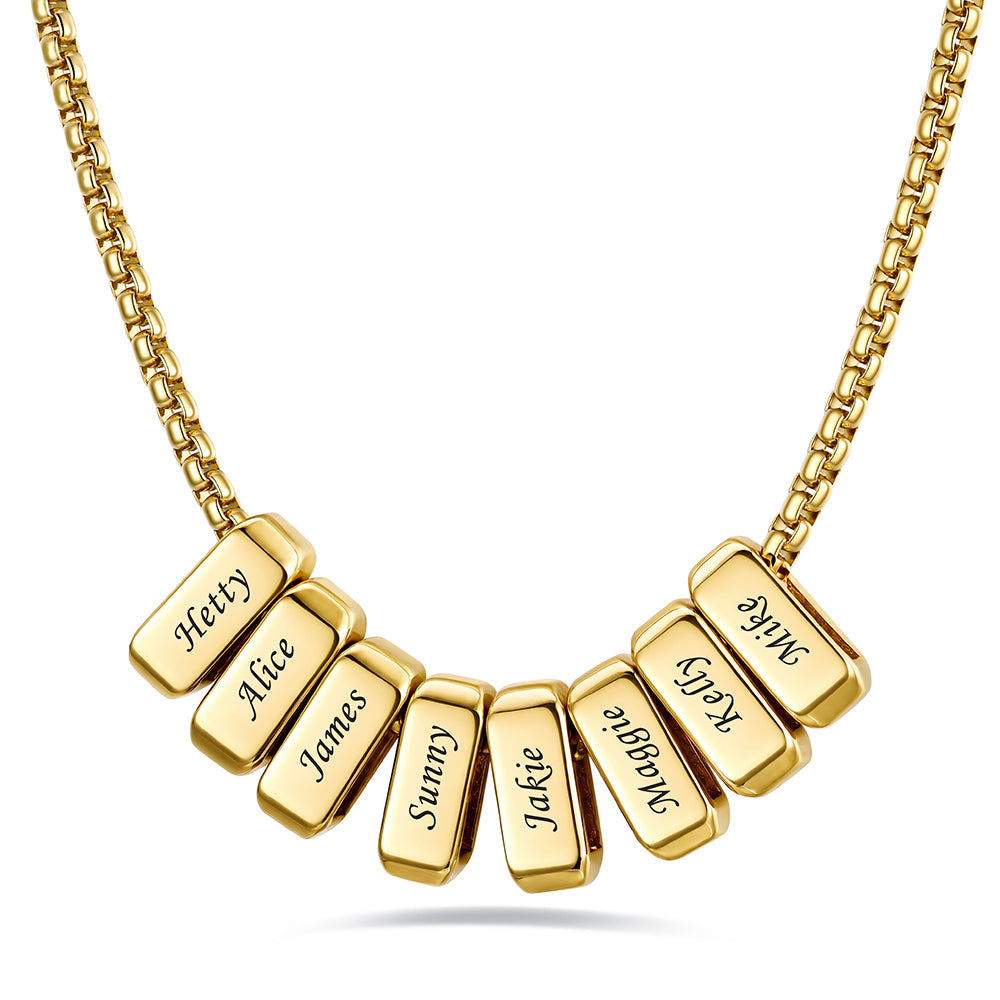 Gold engraved name necklace with 8 name bars on a white background