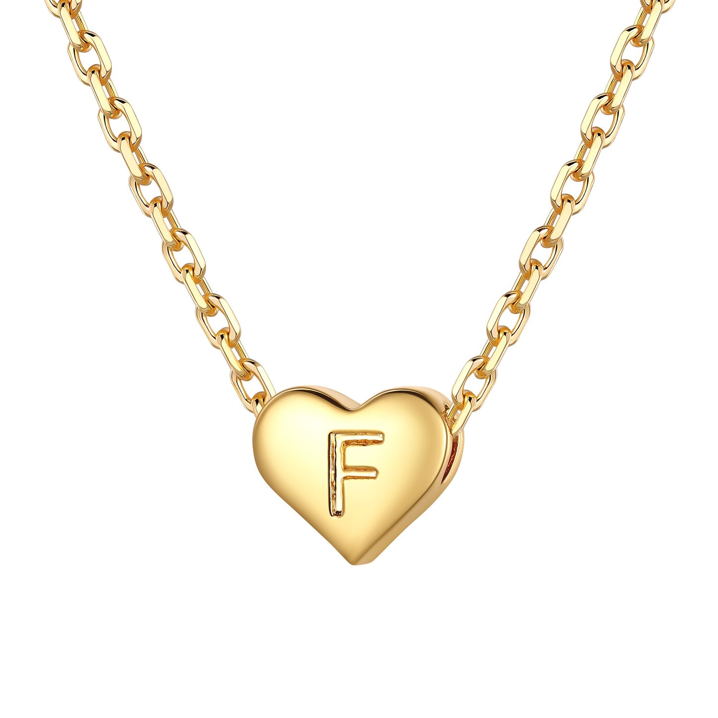 Gold heart initial necklace with an initial 'F' on a white background 
