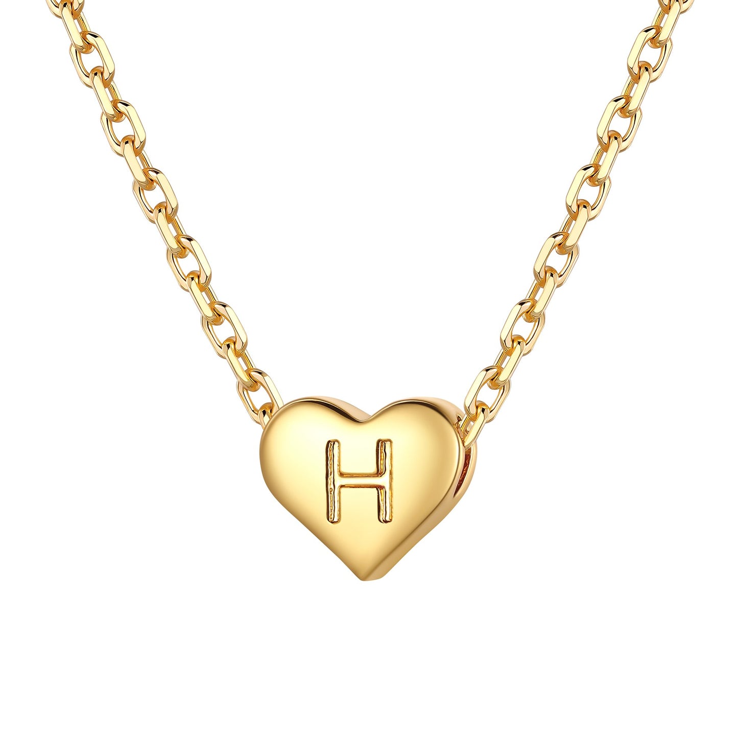 Gold heart initial necklace with an initial 'H' on a white background 