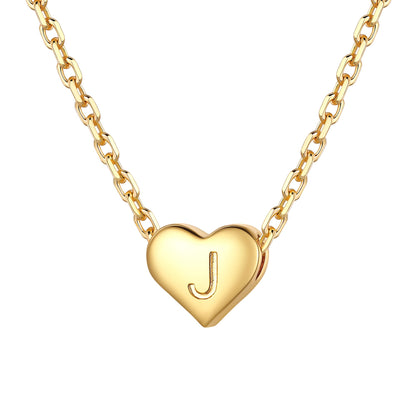 Gold heart initial necklace with an initial 'J' on a white background 