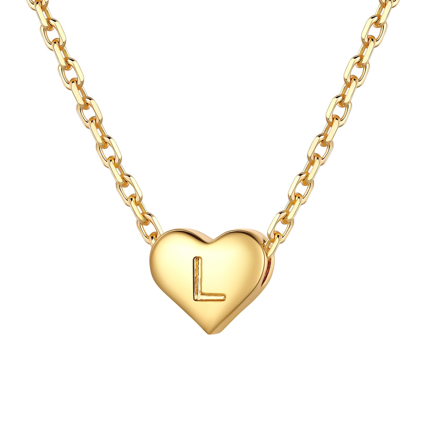 Gold heart initial necklace with an initial 'L' on a white background 