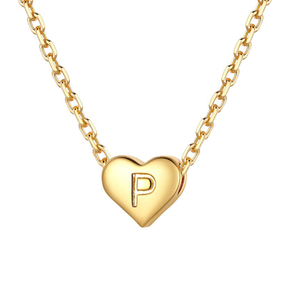Gold heart initial necklace with an initial 'P' on a white background 