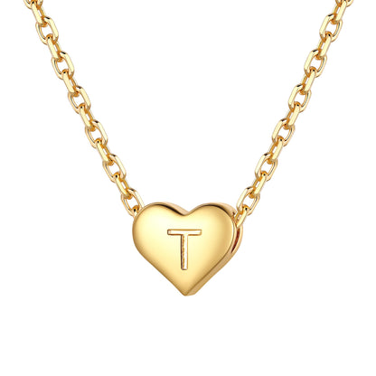 Gold heart initial necklace with an initial 'T' on a white background 