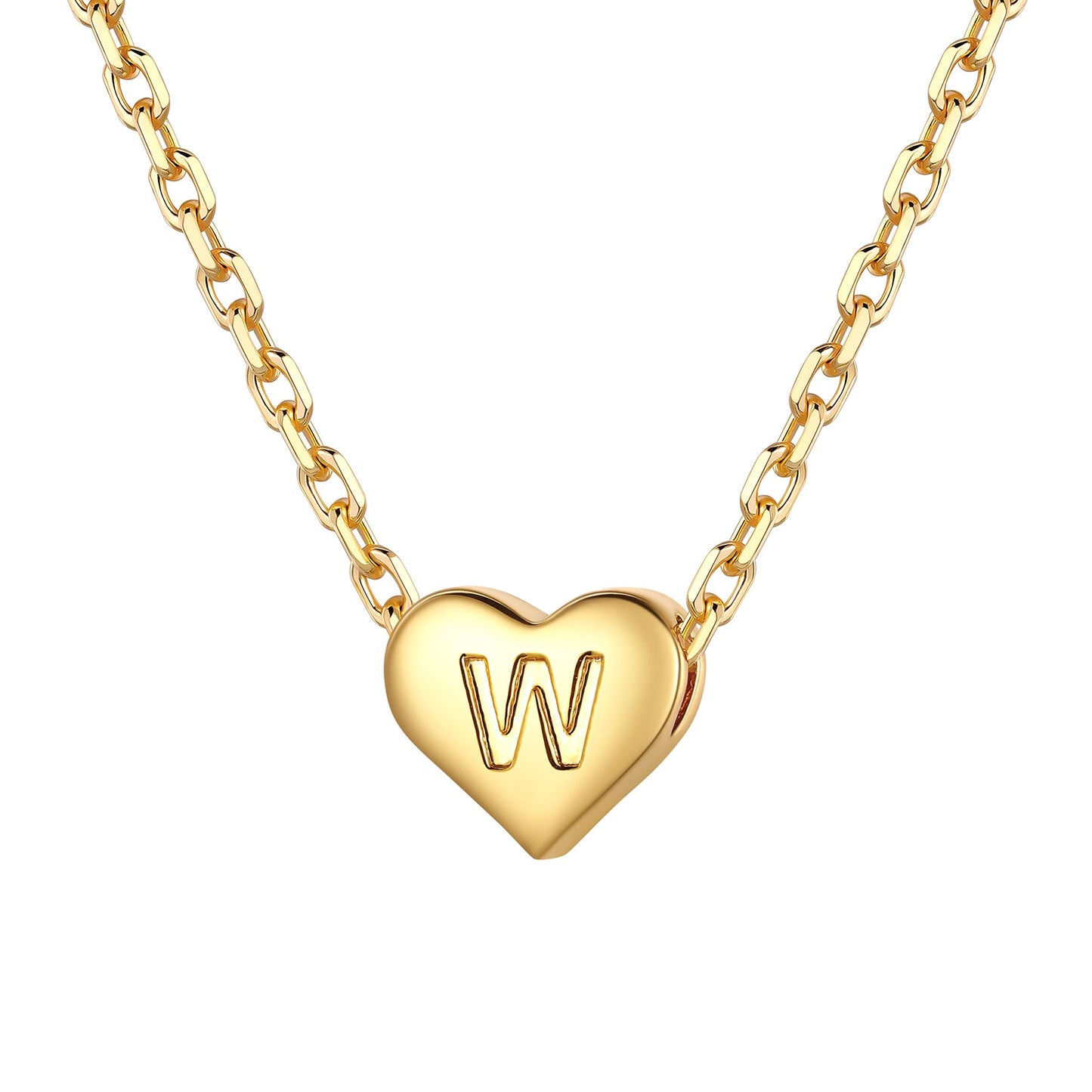 Gold heart initial necklace with an initial 'W' on a white background 