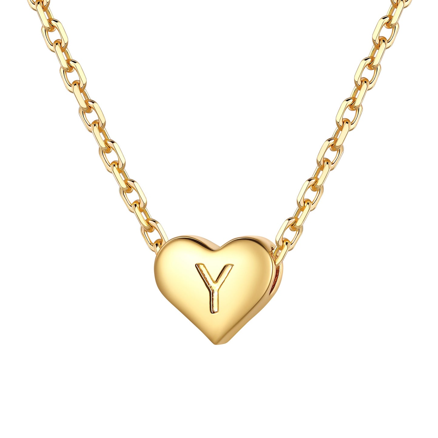 Gold heart initial necklace with an initial 'Y' on a white background 