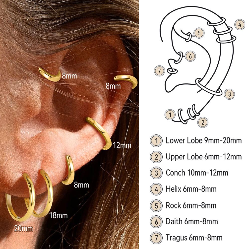 Gold hoop earrings worn by a person with ear measurement chart on the side.