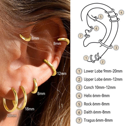 Gold hoop earrings worn by a person with ear measurement chart on the side.