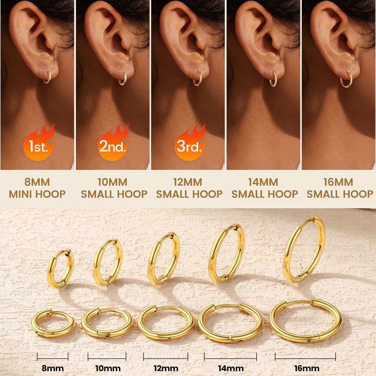 Gold huggie earrings displayed on a person's ear with size comparison chart.