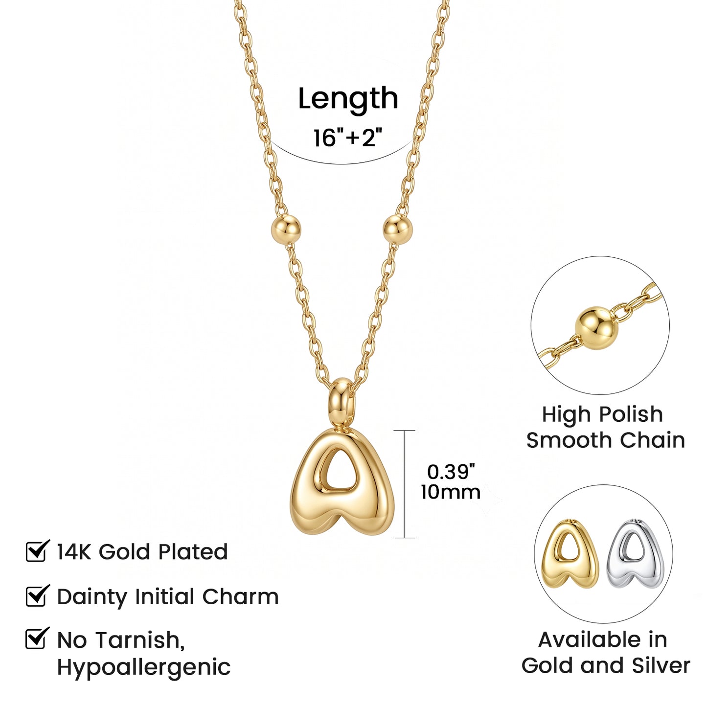 Gold initial 'A' pendant necklace with a smooth chain and ball accents, shown on a white background with feature callouts including length, high polish chain detail, and gold/silver availability.