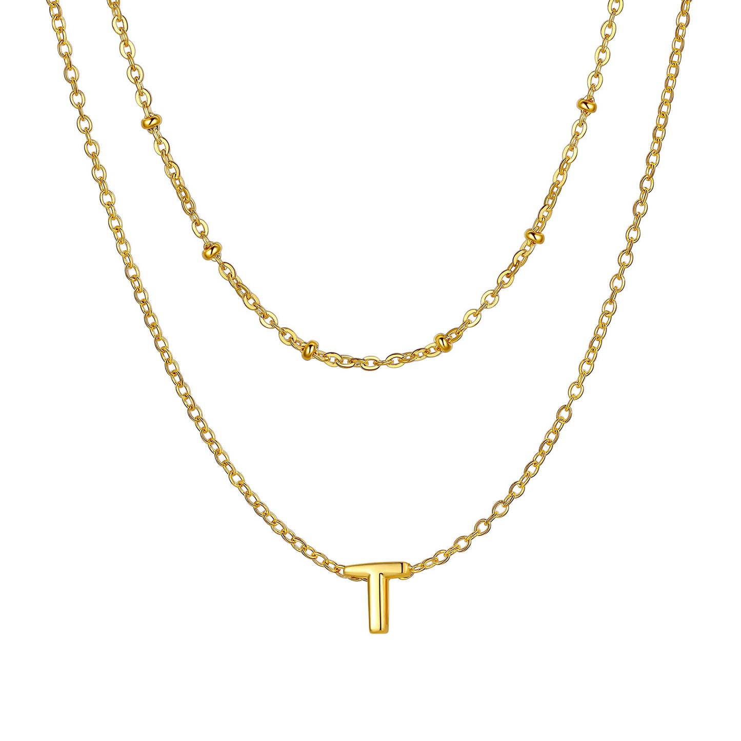 Gold initial necklace with a 'T' pendant on a white background