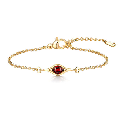 Gold pea in pot 1 birthstone bracelet with a red gemstone on a white background