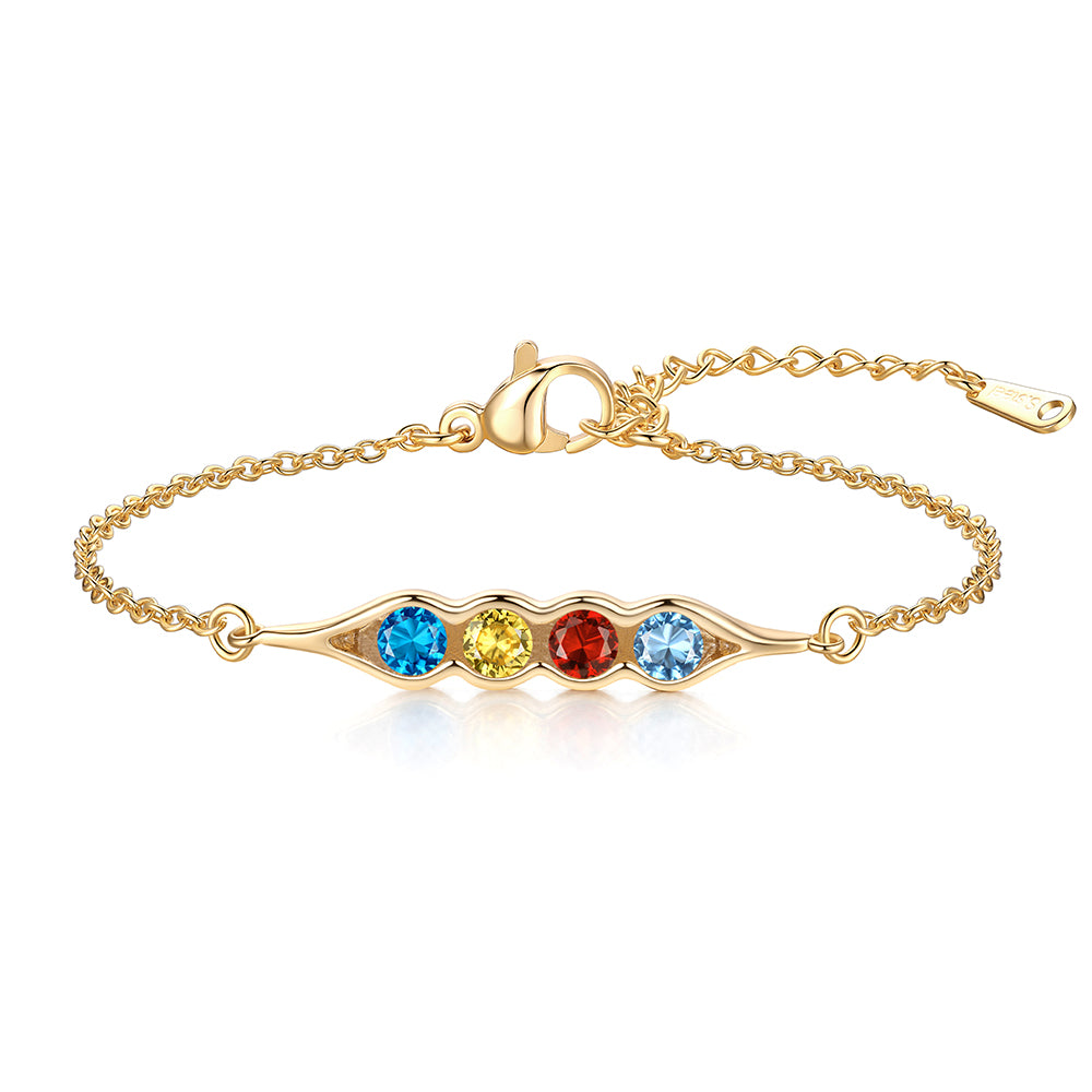 Gold pea in pot birthstone bracelet with four colored gemstones on a white background