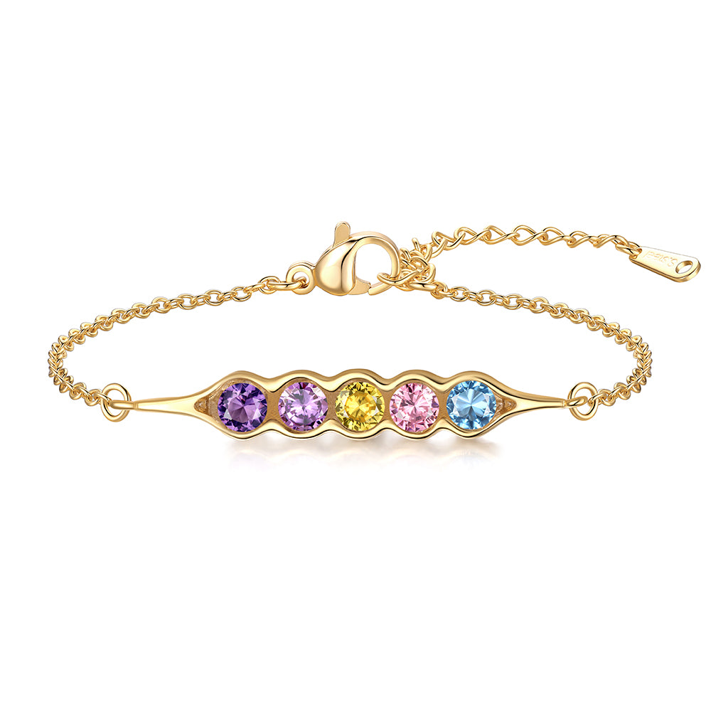Gold pea in pot bracelet with four colored gemstones on a white background