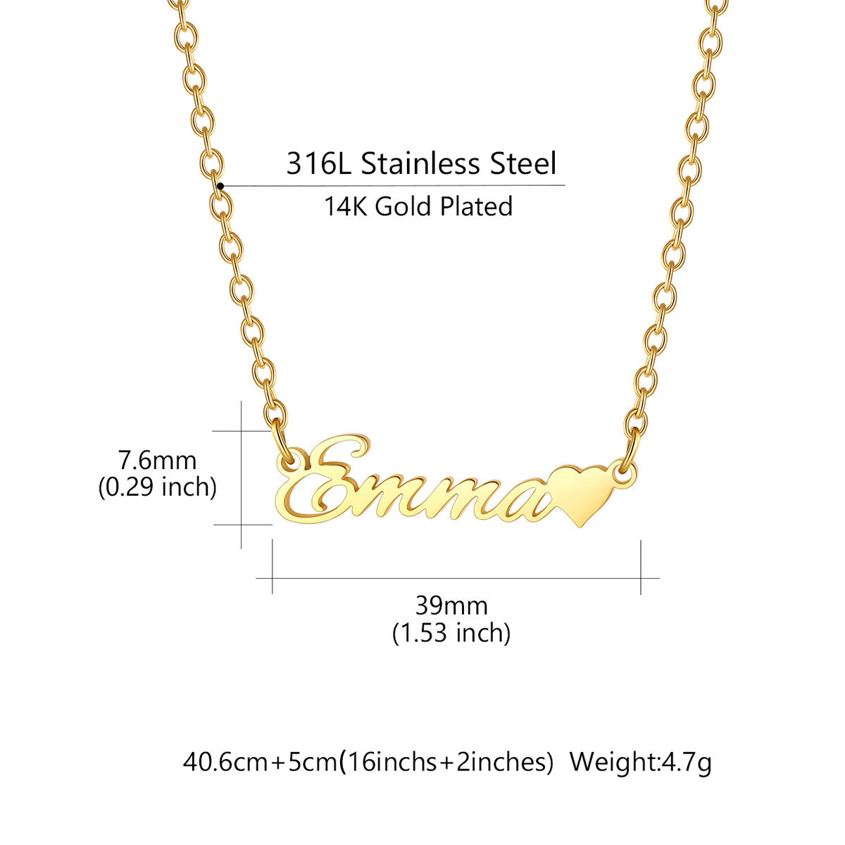 Gold personalized name necklace with the name 'Emma' and a heart on a 316L stainless steel chain, shown with dimension measurements and weight details on a white background.