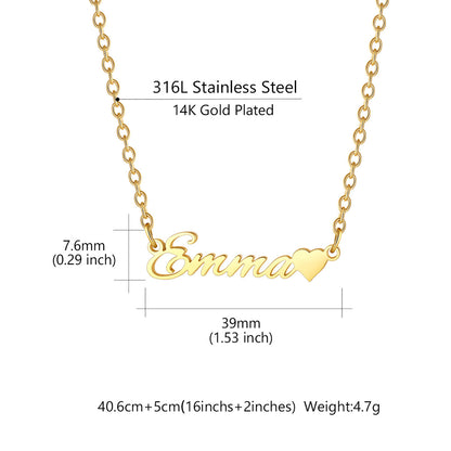 Gold personalized name necklace with the name 'Emma' and a heart on a 316L stainless steel chain, shown with dimension measurements and weight details on a white background.