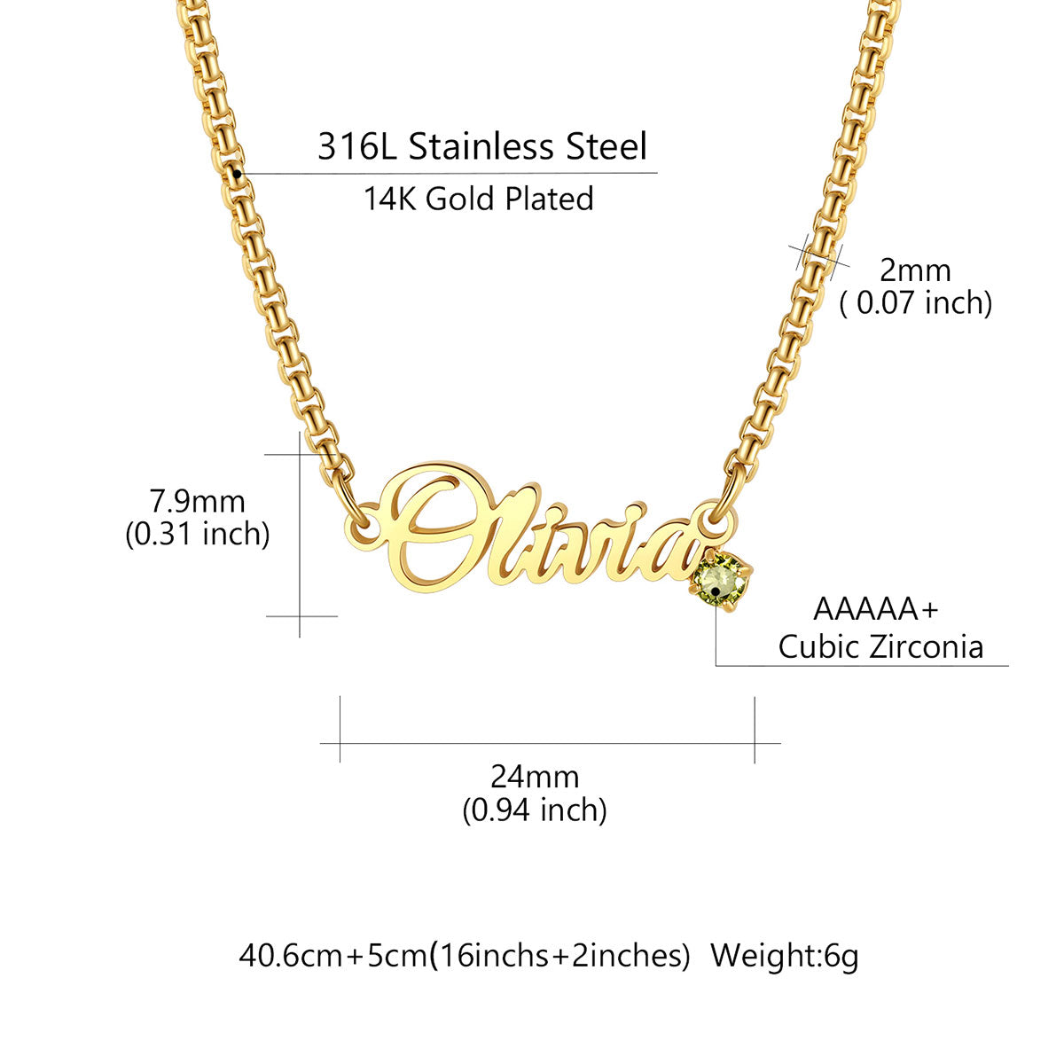 Gold personalized name necklace with the name 'Olivia' in cursive script, featuring a small cubic zirconia accent stone and dimension labels on a white background.