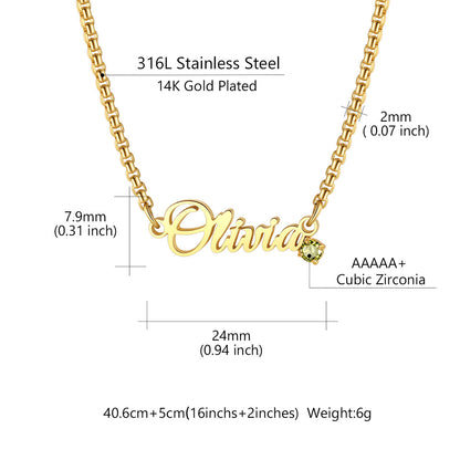 Gold personalized name necklace with the name 'Olivia' in cursive script, featuring a small cubic zirconia accent stone and dimension labels on a white background.