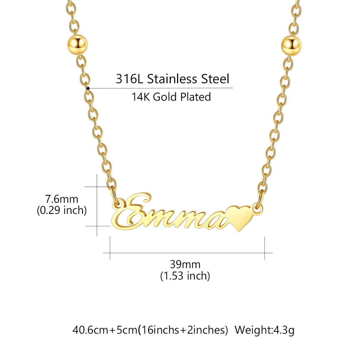 Gold personalized nameplate necklace with the name 'Emma' and a heart, shown with dimension measurements and material text on a white background.