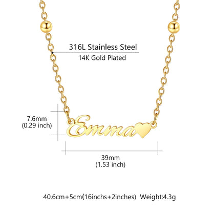Gold personalized nameplate necklace with the name 'Emma' and a heart, shown with dimension measurements and material text on a white background.