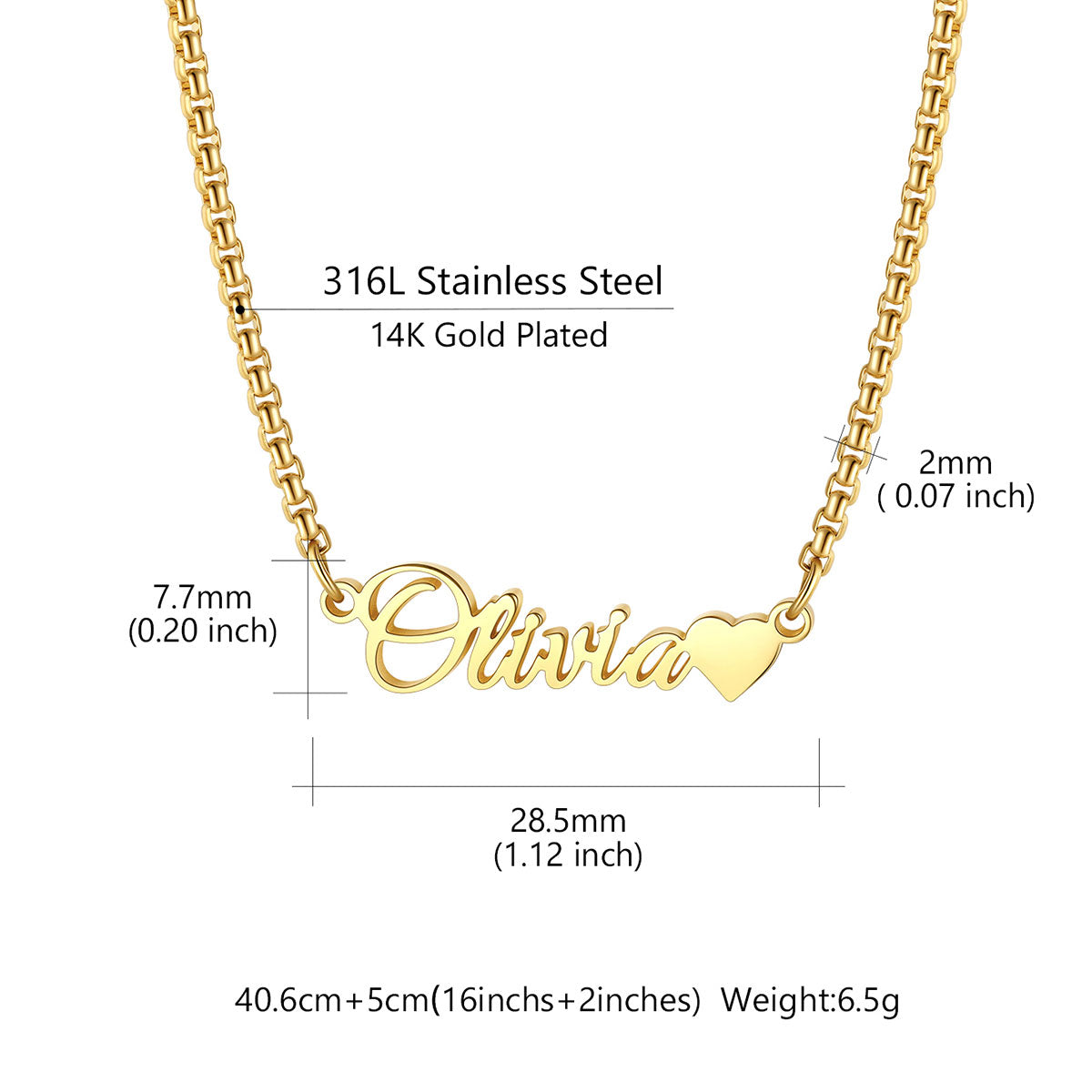 Gold personalized nameplate necklace with the name 'Olivia' and a heart, shown with dimension labels and material text on a white background.